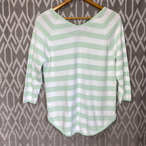 Jeanne Pierre Sweater 100% Cotton V-Neck Teal & White Chevron 3/4 Sleeves Medium - Picture 2 of 4